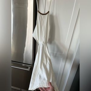 White halter mini dress with gold straps